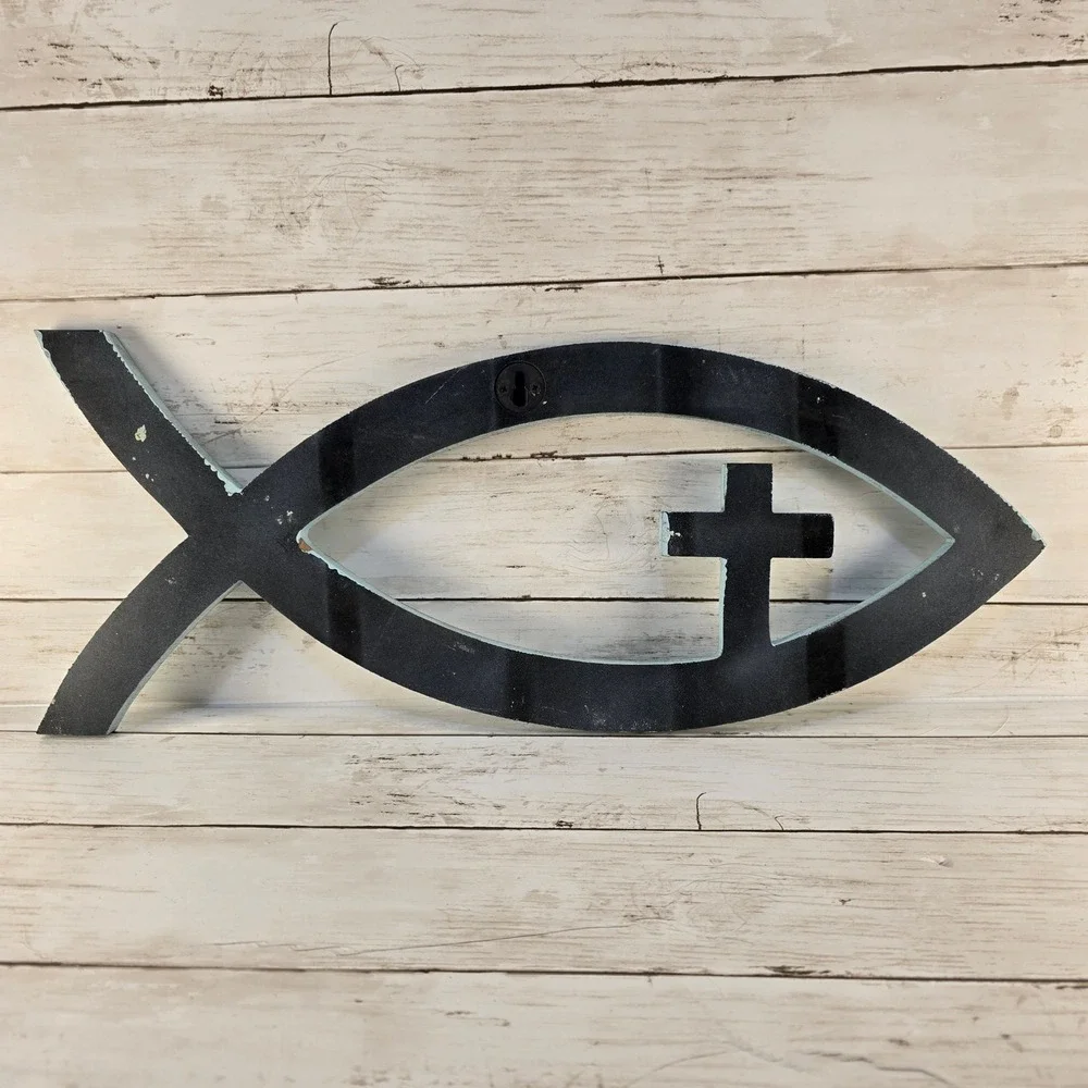 Rustic Wood Ichthys Fish Cross Wall Decor Distressed Light Blue Christian Sign
